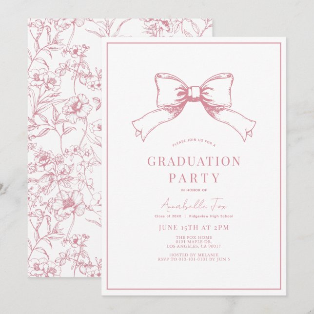 Invitación Partido de Graduación de Cinta de Oro Rosa Coquett (Anverso / Reverso)
