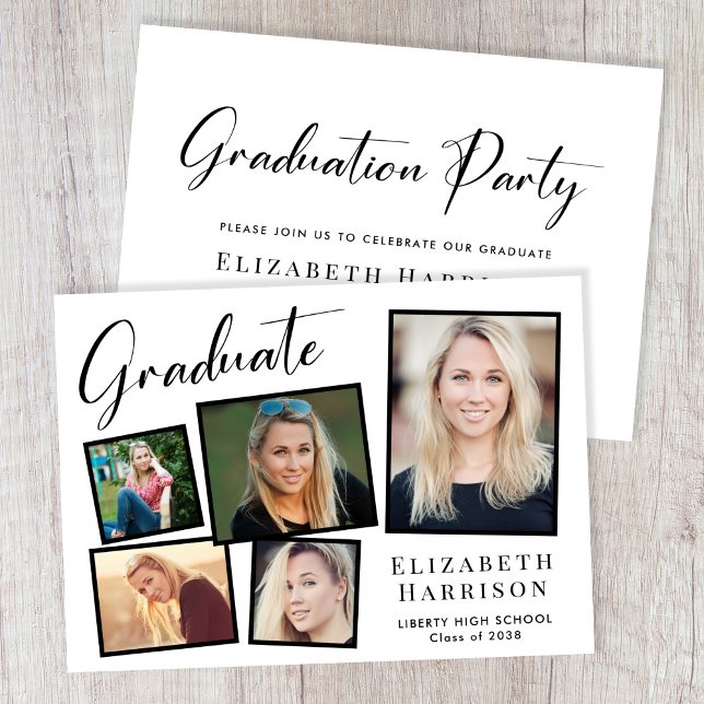 Invitación Partido de graduación de Collage de fotos moderno (A modern photo collage graduation party invitation to celebrate the graduate's achievements)