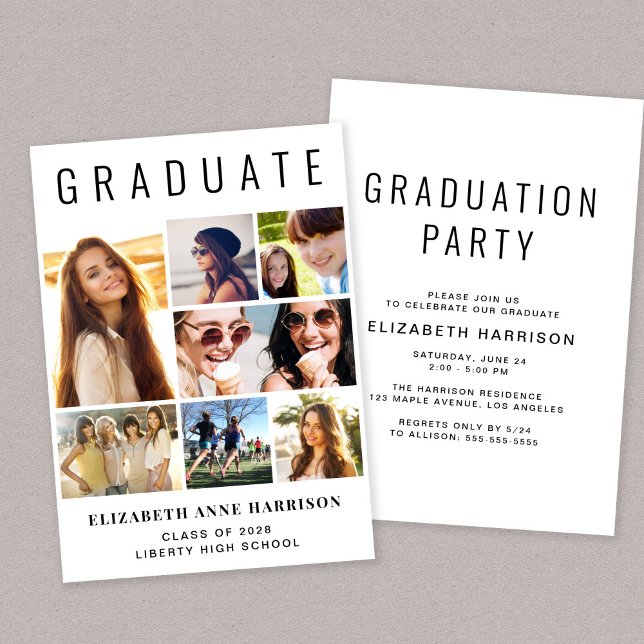 Invitación Partido de graduación de Collage de fotos moderno (A modern photo collage graduation party invitation to celebrate the graduate's achievements)