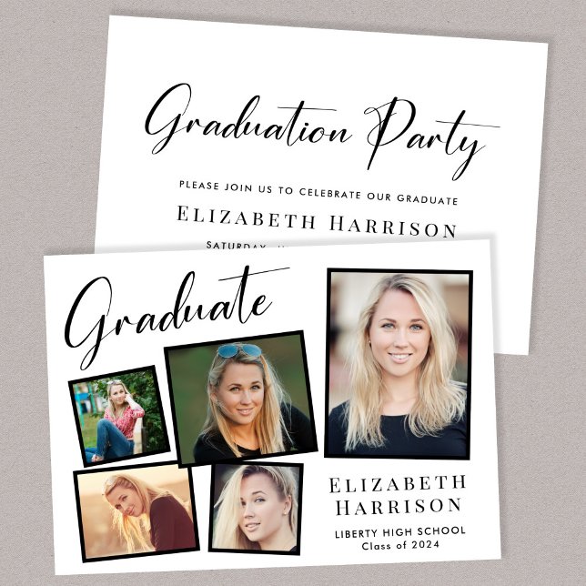 Invitación Partido de graduación de Collage de fotos moderno (A modern photo collage graduation party invitation to celebrate the graduate's achievements)