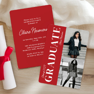 Invitación Partido de Graduación de Collage de fotos Rojo Mod