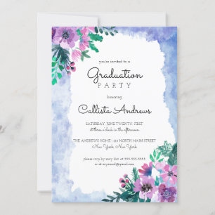 Invitación Partido de graduación de color morado floral azul