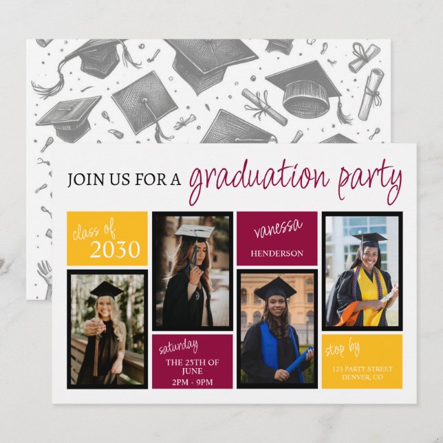 Invitación Partido de Graduación de Colores Escolares (Anverso / Reverso)
