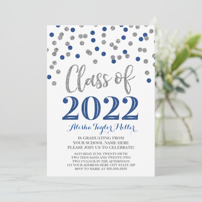 Invitación Partido de Graduación de Confetti Azul Plateado 20 (Anverso de pie)