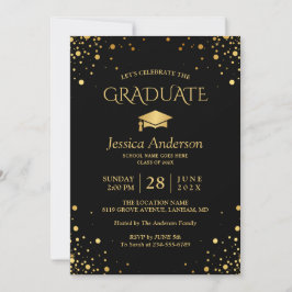 Invitación Partido de Graduación de Confetti de Oro Negro
