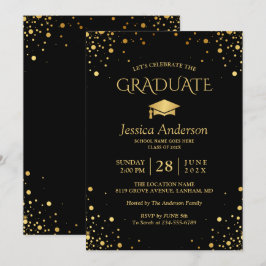 Invitación Partido de Graduación de Confetti de Oro Negro