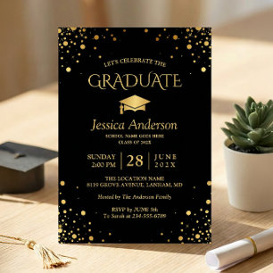 Invitación Partido de Graduación de Confetti de Oro Negro