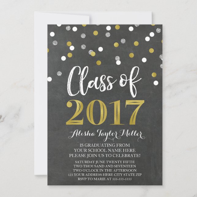 Invitación Partido de Graduación de Confetti de Oro Plata Cha (Anverso)