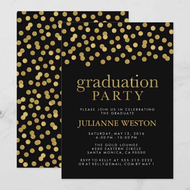 Invitación Partido de Graduación de Confetti Negro y Oro Purp (Anverso / Reverso)