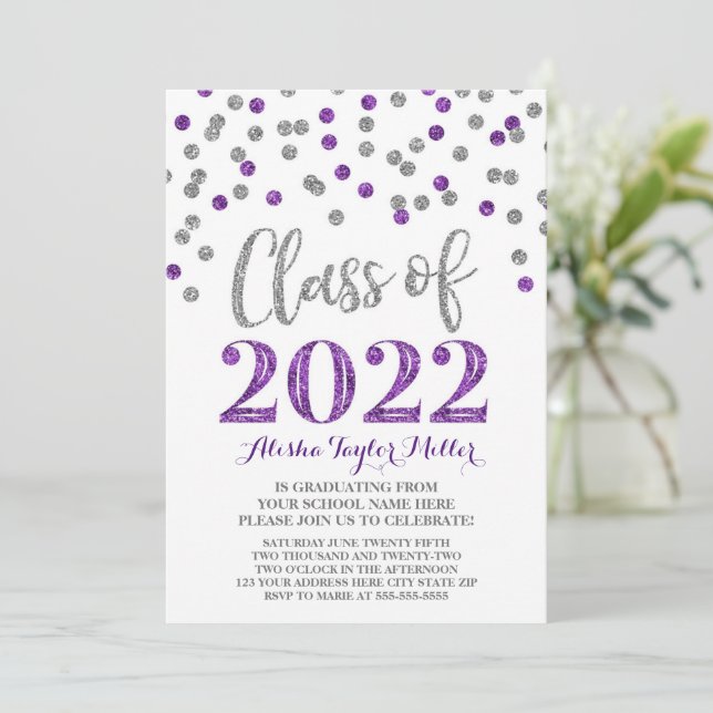 Invitación Partido de Graduación de Confetti Púrpura Plata 20 (Anverso de pie)