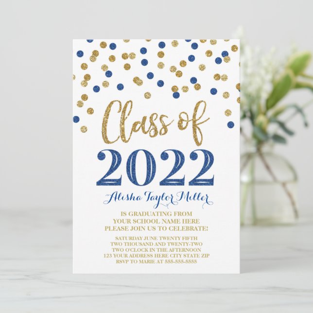 Invitación Partido de Graduación de Confetti, Purpurina Azul  (Anverso de pie)