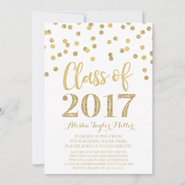 Invitación Partido de Graduación de Confetti Purpurina Gold 2 (Anverso)