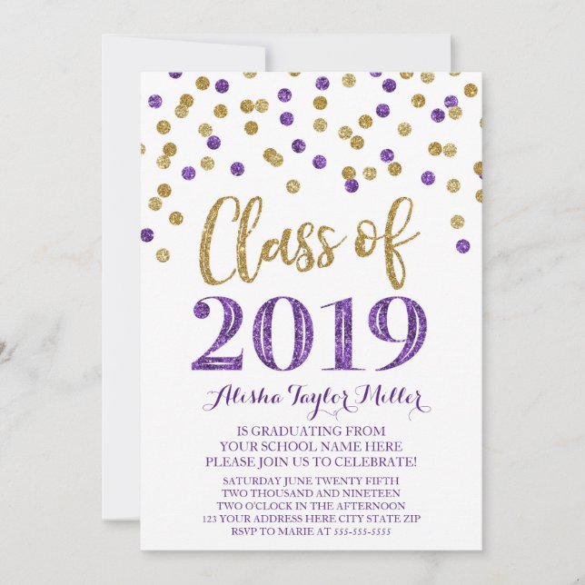 Invitación Partido de Graduación de Confetti, Purpurina morad (Anverso)