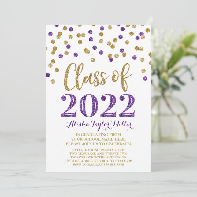 Invitación Partido de Graduación de Confetti Purpurina Púrpur (Anverso de pie)