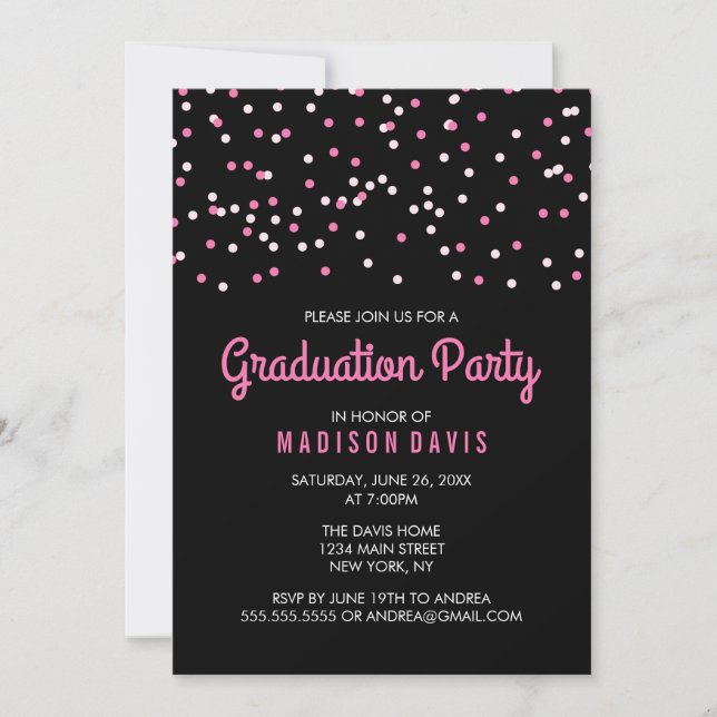 Invitación Partido de Graduación de Confetti Rosa (Anverso)