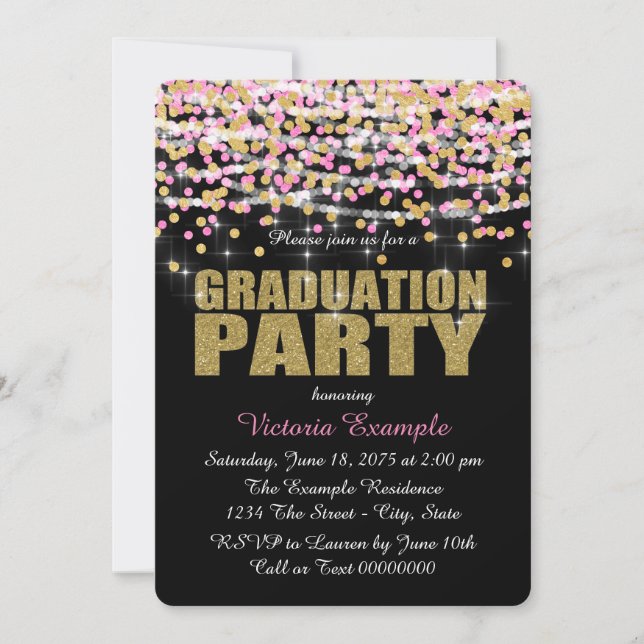 Invitación Partido de Graduación de Confetti Rosa y Oro (Anverso)