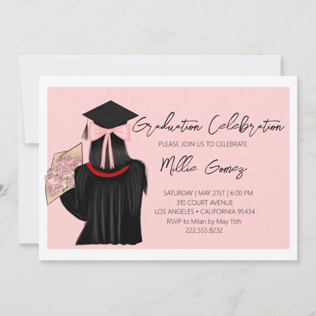 Invitación Partido de Graduación de Coqueta de Pelo Negro (Anverso)