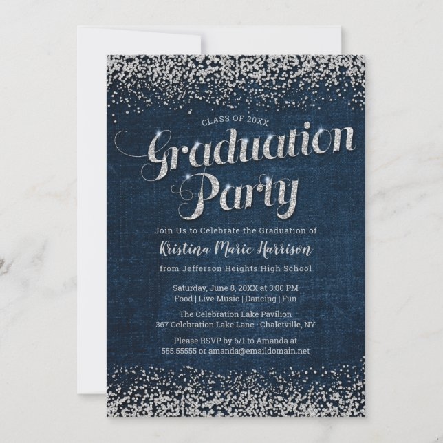 Invitación Partido de Graduación de Denim de moda y Diamantes (Anverso)