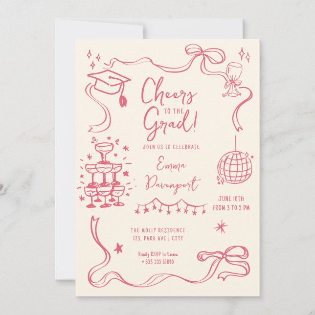 Invitación Partido de Graduación de Doodle Whimsical (Anverso)