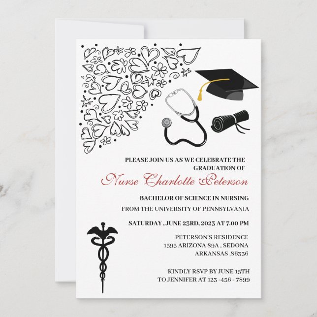 Invitación Partido de Graduación de Enfermeras Cute Doodle (Anverso)