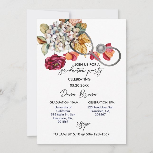 Invitación Partido de Graduación de Enfermeras Magenta Floral (Anverso)