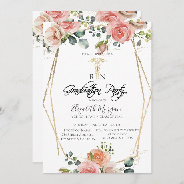 Invitación Partido de Graduación de Enfermeras RN con marco d (Anverso / Reverso)
