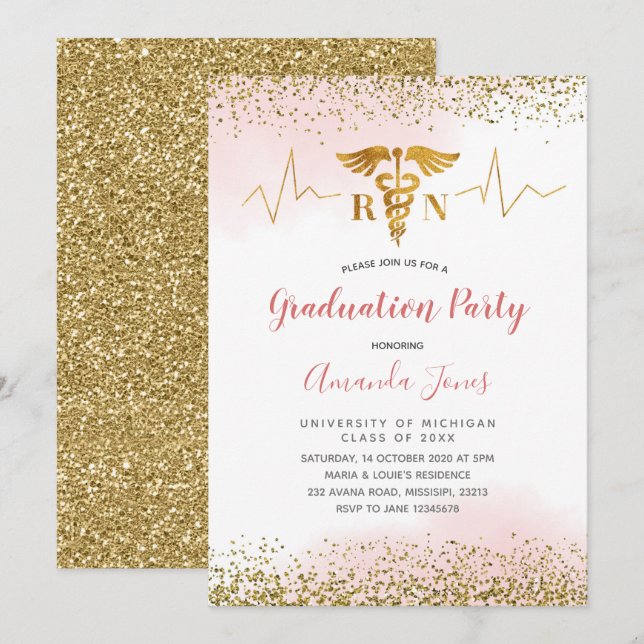 Invitación Partido de Graduación de Enfermeras RN de Oro y Ro (Anverso / Reverso)