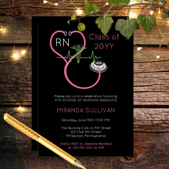 Invitación Partido de Graduación de Enfermería EKG de Stethos (Pink Stethoscope and Caduceus with EKG Line Nurse RN Nursing Graduation Party Invitation Print Digi)