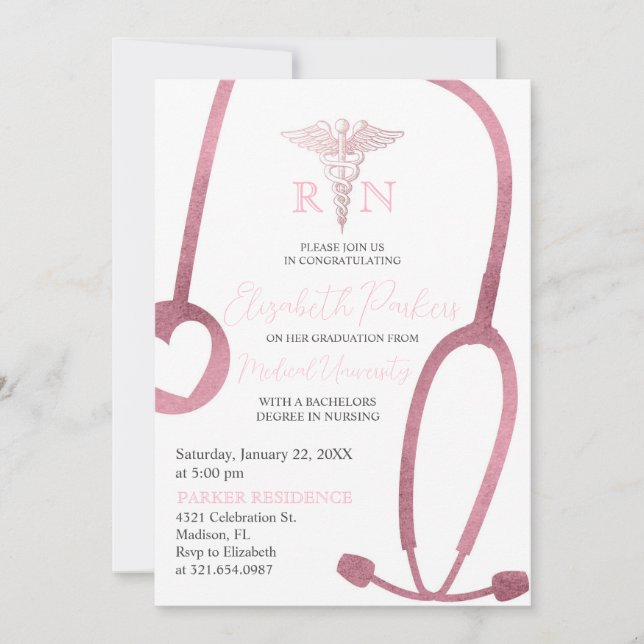 Invitación Partido de Graduación de Enfermería RN de oro Rosa (Anverso)