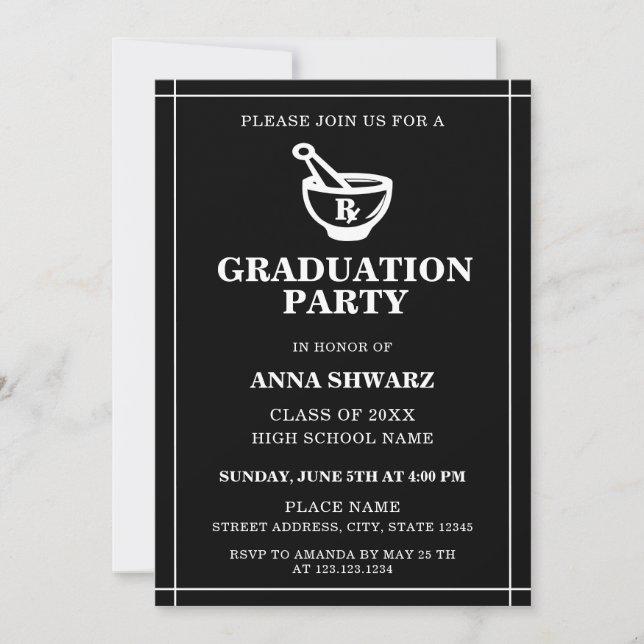 Invitación Partido de Graduación de Farmacéuticos Negros y Bl (Anverso)