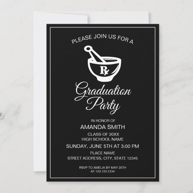 Invitación Partido de Graduación de Farmacéuticos Negros y Bl (Anverso)