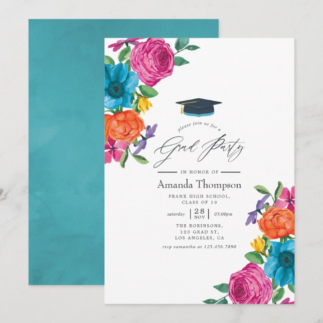 Invitación Partido de Graduación de Fiesta Floral de Acuarela (Anverso / Reverso)