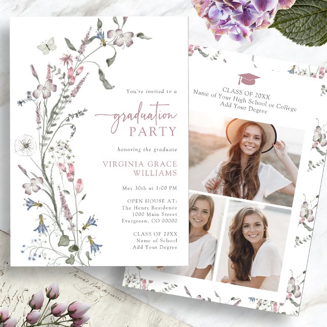 Invitación Partido de Graduación de Flor Silvestre de Acuarel (Watercolor Wildflower Graduation Party Invitation Pictures on back by Painted Paperie
)