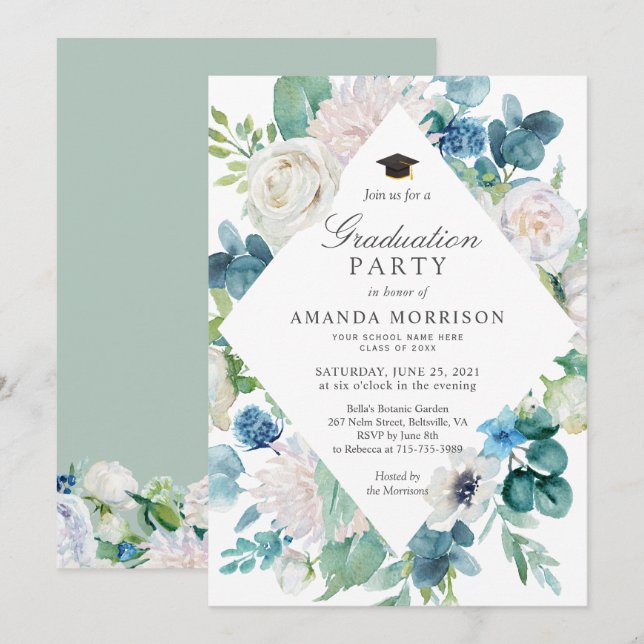 Invitación Partido de Graduación de Floral Blanca Blanca de C (Anverso / Reverso)
