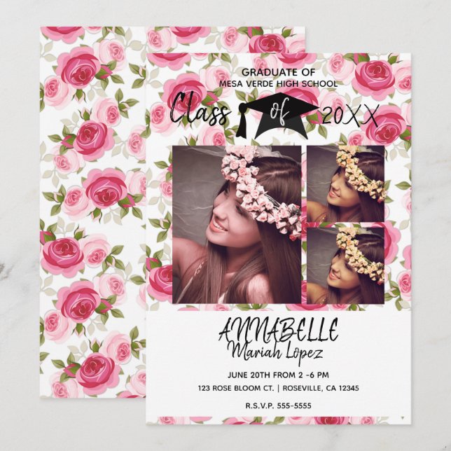 Invitación Partido de Graduación de Floral de Rosa Rosa Rosad (Anverso / Reverso)