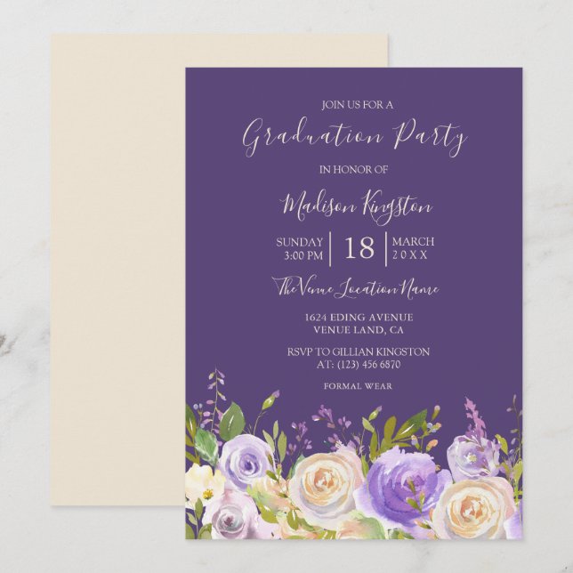 Invitación Partido de Graduación de Flores Púrpura Rosa de Ch (Anverso / Reverso)