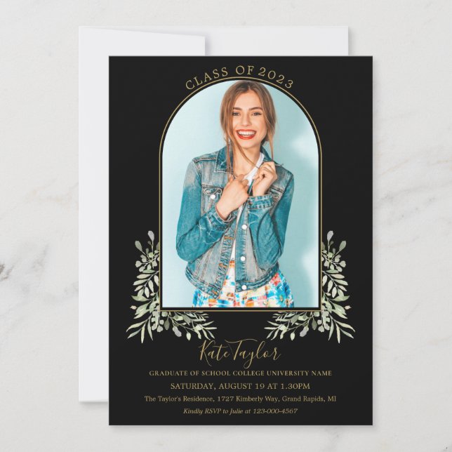 Invitación Partido De Graduación De Foliage De Arco Negro Y O (Anverso)