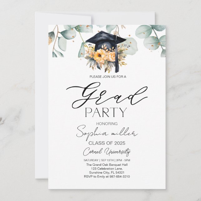 Invitación Partido de Graduación de Foliage Verde Floral (Anverso)