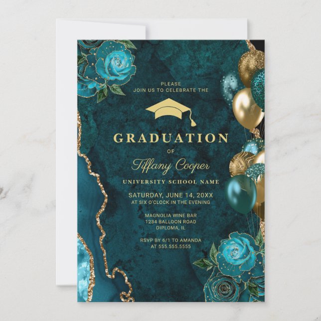 Invitación Partido de Graduación de Foto de Agate verde azula (Anverso)