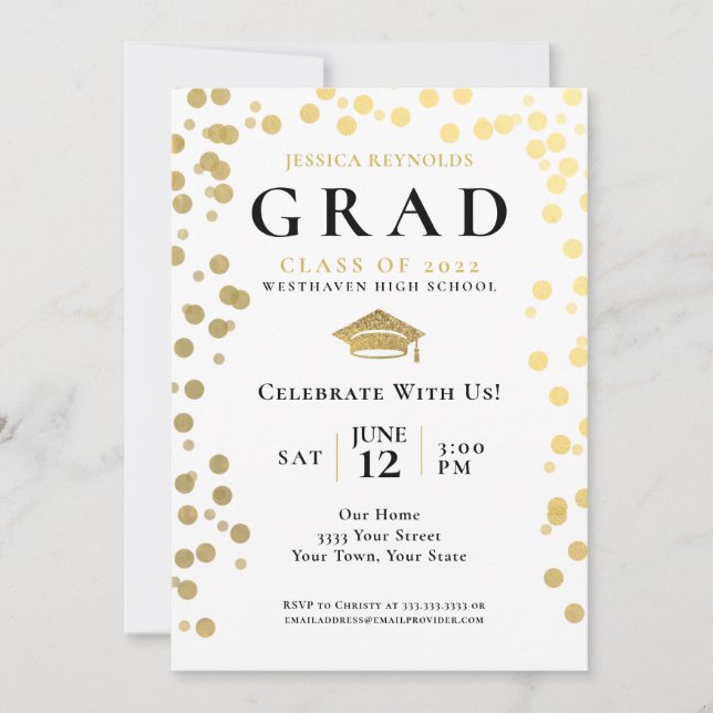 Invitación Partido de Graduación de Foto de Black Gold White  (Anverso)