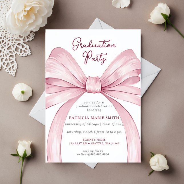 Invitación Partido de Graduación de Foto de Coquette Bow Rosa (Pink Bow Coquette Photo Graduation Party Invitation)