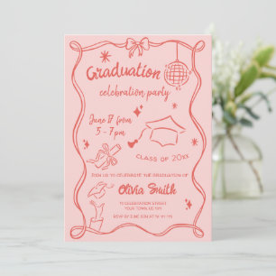 Invitación Partido de Graduación de Foto de Doodle Rosa Rojo