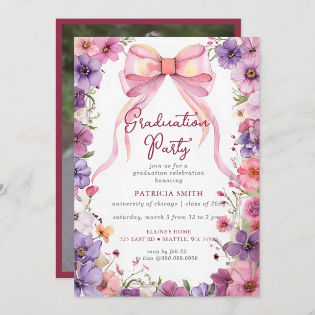 Invitación Partido de Graduación de Foto de Floral Bow Rosa C (Anverso / Reverso)