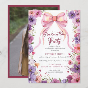 Invitación Partido de Graduación de Foto de Floral Bow Rosa C