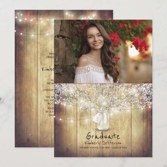 Invitación Partido de Graduación de Foto de Floral Rustica Ma (Anverso / Reverso)