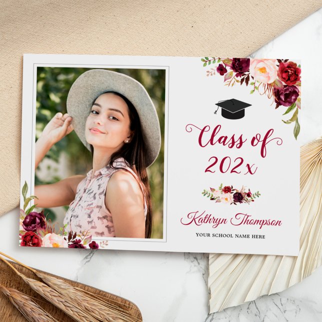Invitación Partido de Graduación de Foto de Grado Floral Rojo (Subido por el creador)