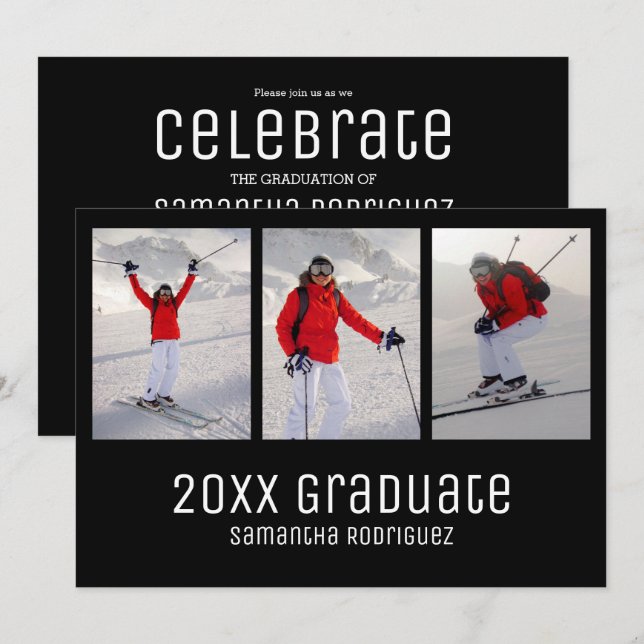 Invitación Partido de Graduación de Foto de Graduado Black 3  (Anverso / Reverso)