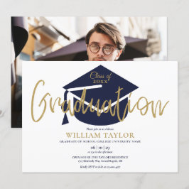 Invitación Partido De Graduación De Foto De Guión Azul Y Oro