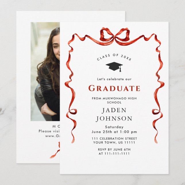 Invitación Partido de graduación de FOTO de la cinta roja de  (Anverso / Reverso)