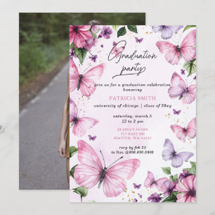 Invitación Partido de Graduación de Foto de Mariposas Púrpura